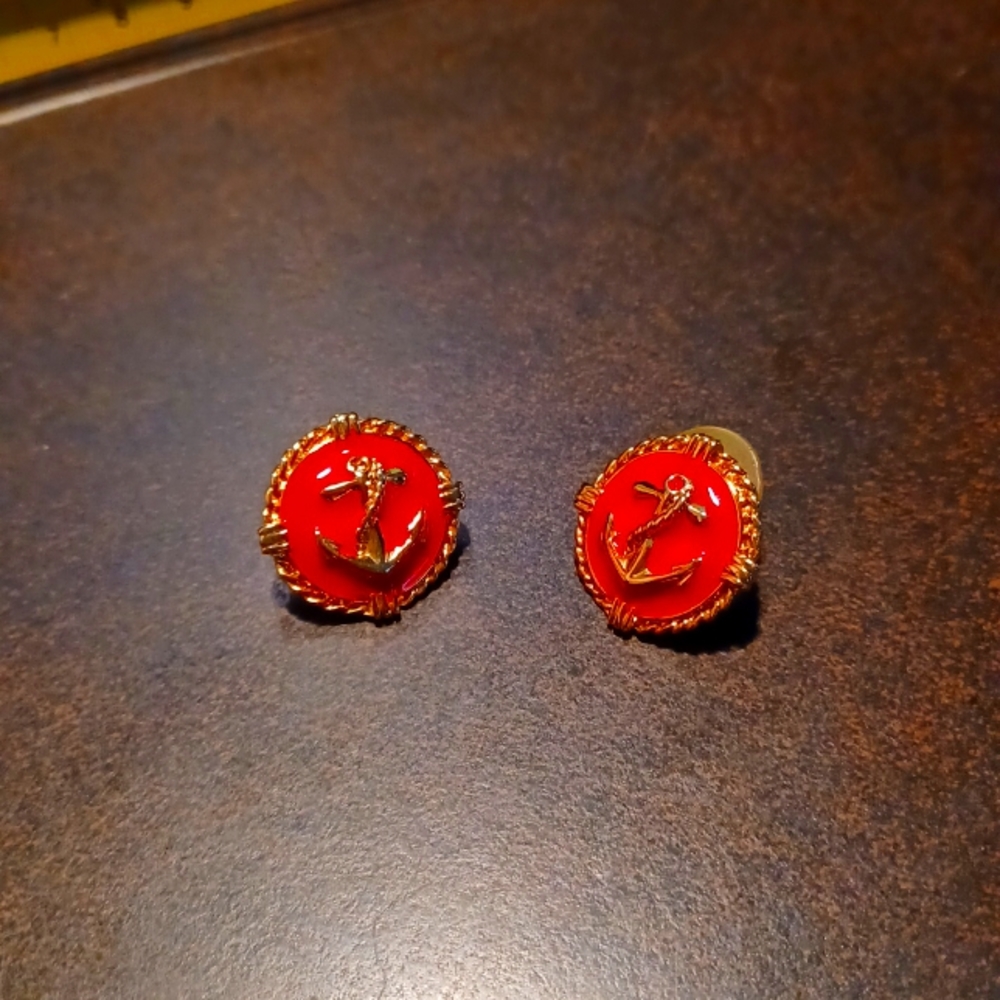 Anchor Earrings, Red and Gold